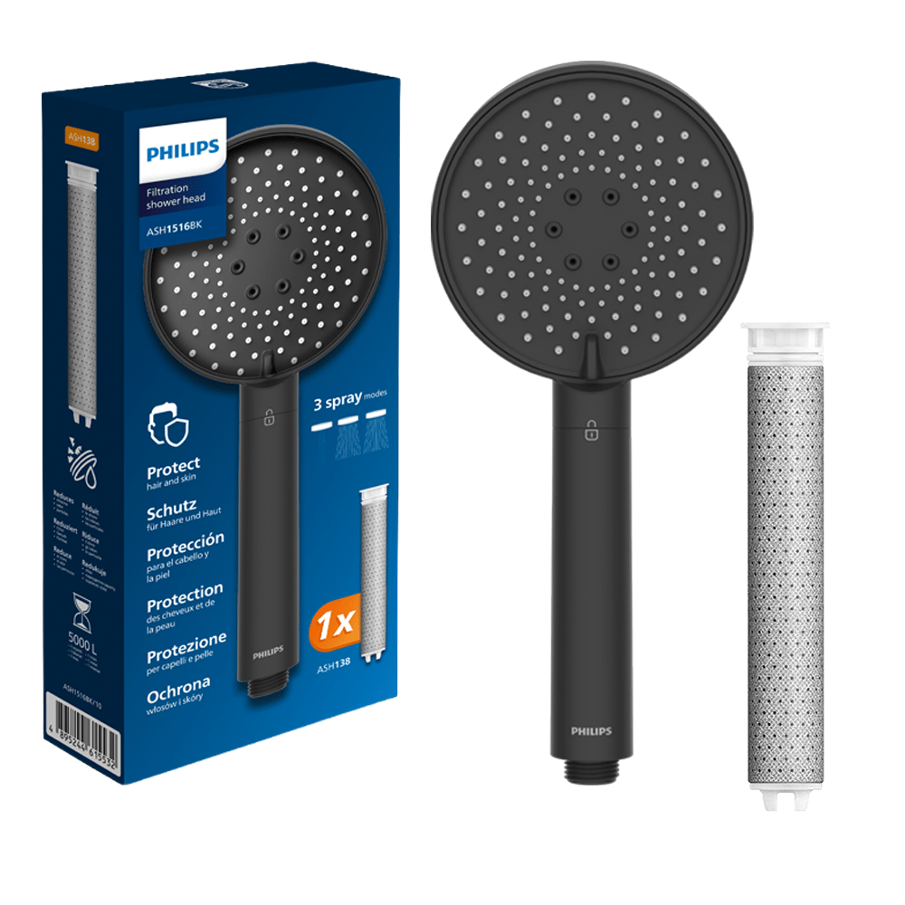 Philips Pommeau de Douche avec Filtre Noir ASH1516BK (chlore, plomb et pesticides réduits)