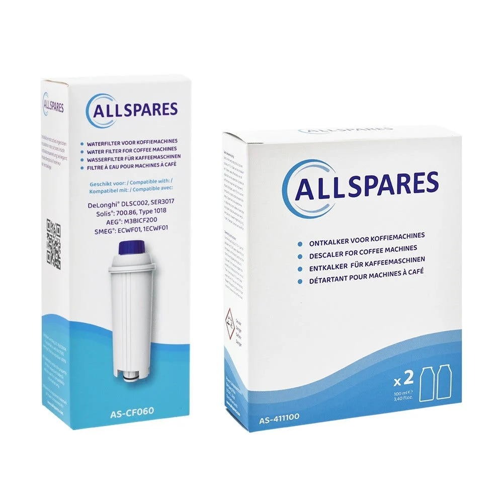 Kit d'entretien compatible avec Delonghi cartouche filtrante + détartrant (2x100ml) - AllSpares