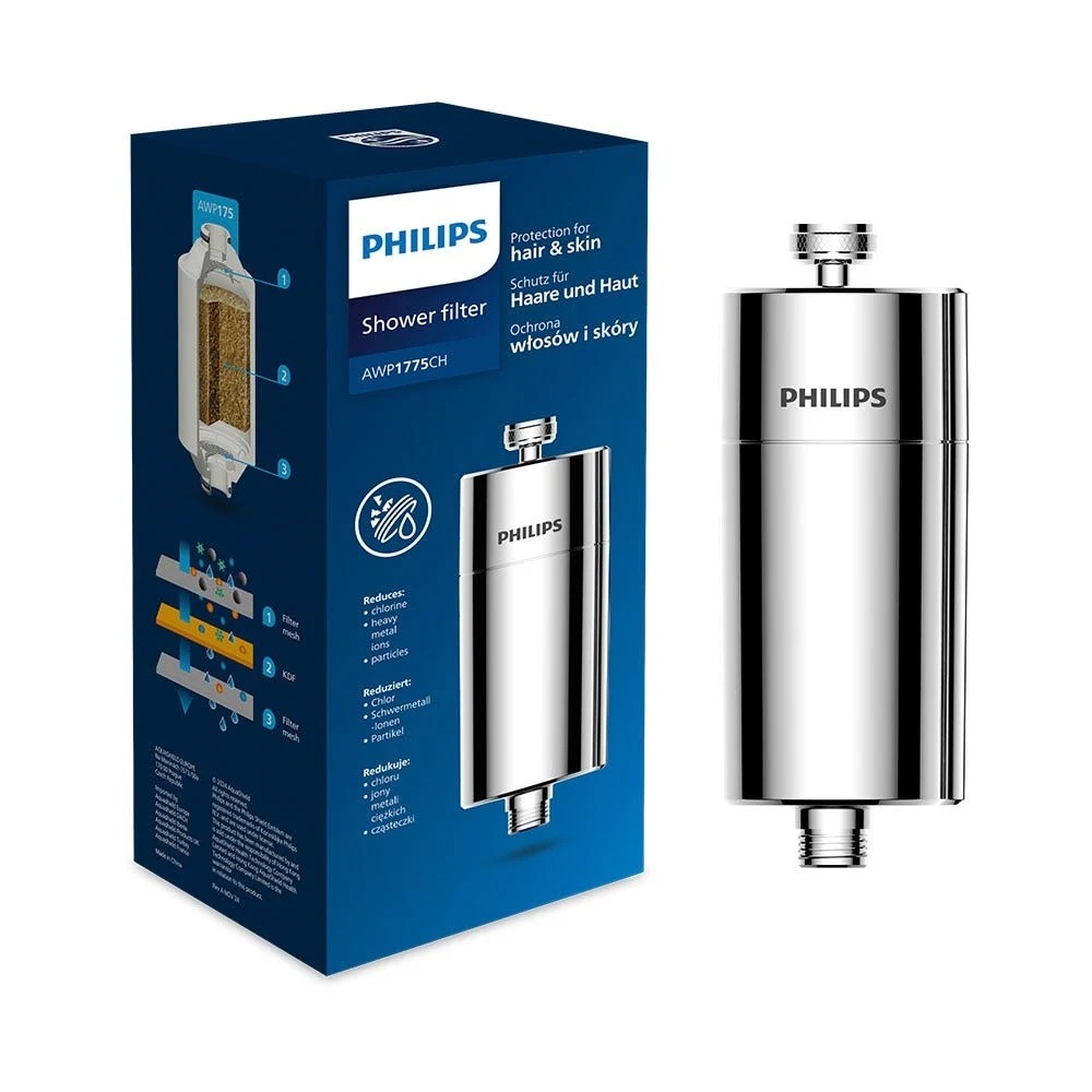 Philips Filtre de douche (chrome) avec 1 cartouche compatible avec tous les tuyaux et robinets standards