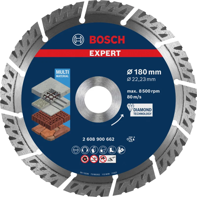 Bosch 1x Disques à tronçonner diamantés EXPERT MultiMaterial (pour Béton, Béton armé, Ø 180 mm, Professional Accessoire Grande meuleuse angulaire) - Bosch Outillages