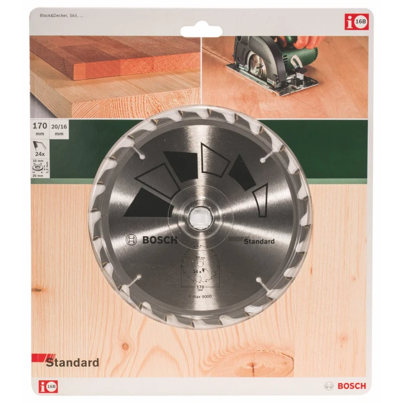 Bosch 1x Lame de Scie Circulaire Standard (pour Bois, Ø 170 x 2.2/1.5 x 20/16 mm, 24 Dents, ATB, avec 1x Bague de Réduction 16 mm, Accessoire Scie Circulaire) - Bosch Outillages