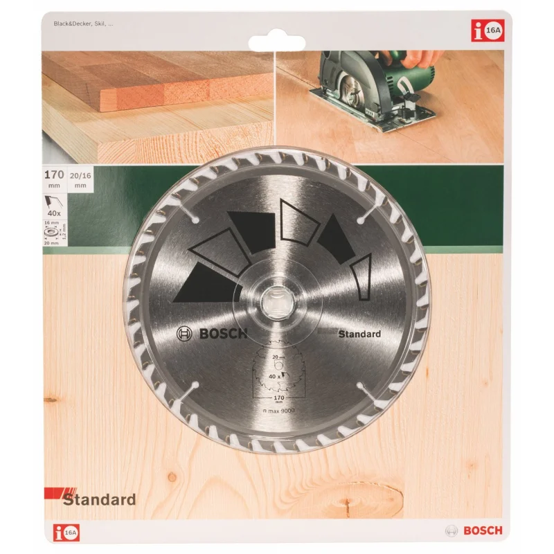 Bosch 1x Lame de Scie Circulaire Standard (pour Bois, Ø 170 x 2.2/1.5 x 20/16 mm, 40 Dents, ATB, avec 1x Bague de Réduction 16 mm, Accessoire Scie Circulaire) - Bosch Outillages