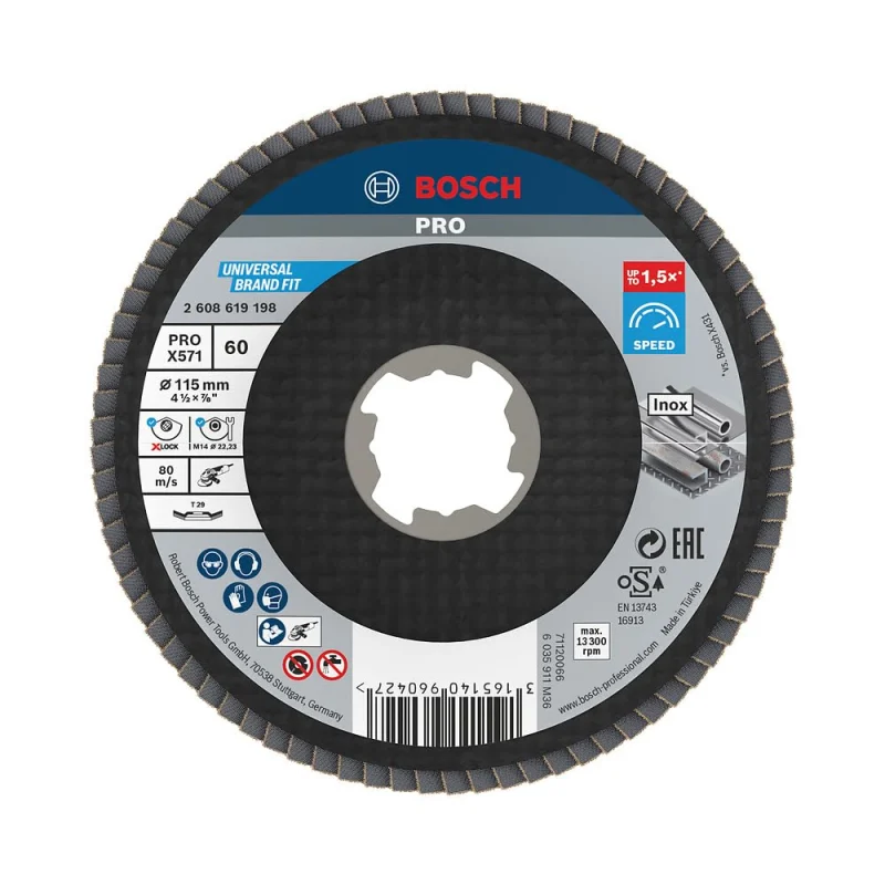 Bosch 1x Plateau à lamelles PRO Metal X571, version bombée pour X-Lock (pour Acier, Acier inoxydable, Ø 115 mm, Grain 60, Professional Accessoire Petite meuleuse angulaire)