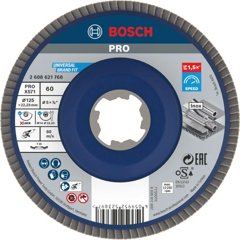 Bosch 1x Plateau à lamelles PRO Metal X571, version bombée pour X-Lock (pour Acier, Acier inoxydable, Ø 125 mm, Grain 60, Professional Accessoire Petite meuleuse angulaire)