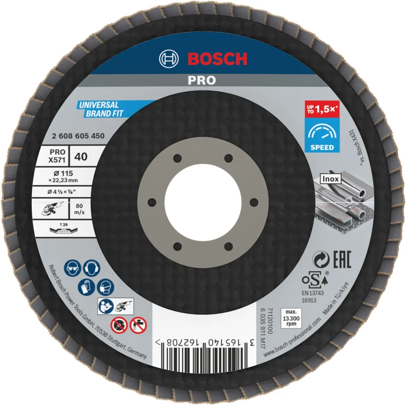 Bosch 1x Plateau à lamelles PRO Metal X571, version bombée sur fibres (pour Acier, Acier inoxydable, Ø 115 mm, Grain 40, Professional Accessoire Petite meuleuse angulaire) - Bosch Outillages