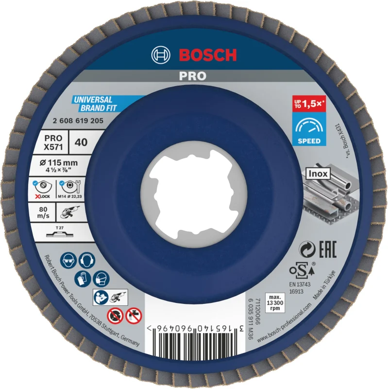 Bosch 1x Plateau à lamelles PRO Metal X571, version plate pour X-Lock (pour Acier, Acier inoxydable, Ø 115 mm, Grain 40, Professional Accessoire Petite meuleuse angulaire)