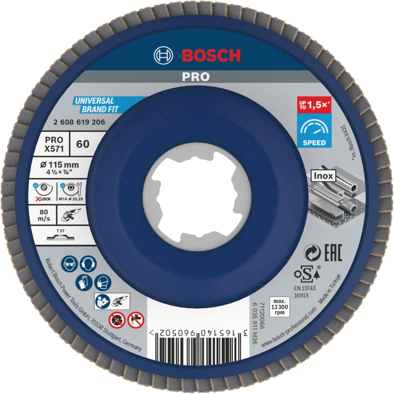 Bosch 1x Plateau à lamelles PRO Metal X571, version plate pour X-Lock (pour Acier, Acier inoxydable, Ø 115 mm, Grain 60, Professional Accessoire Petite meuleuse angulaire)