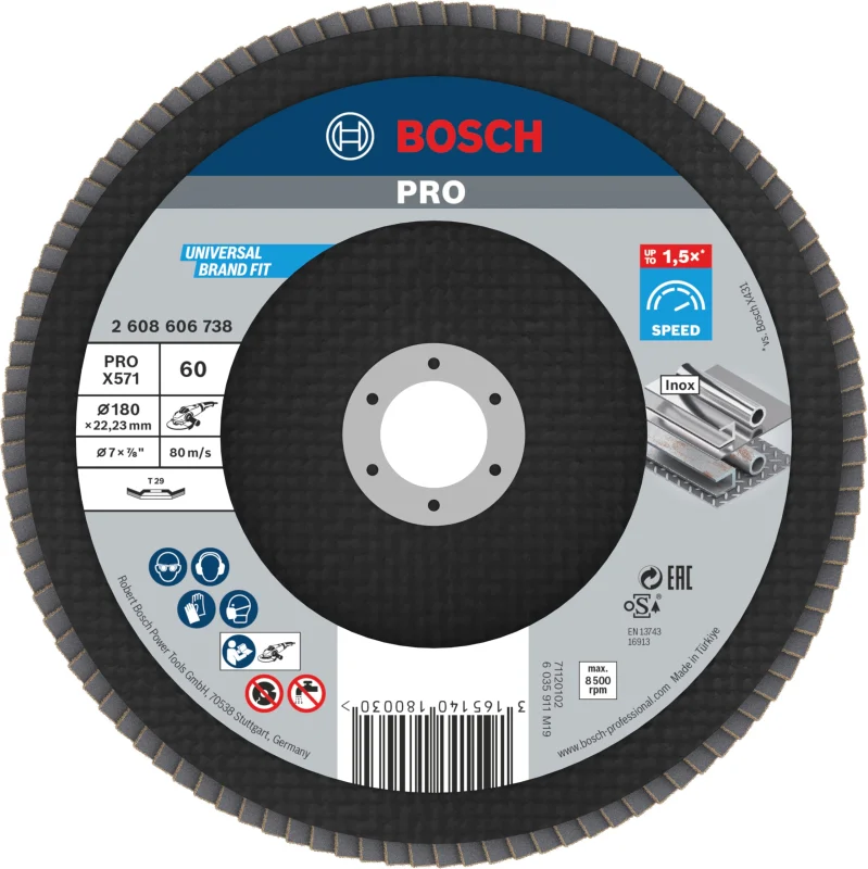 Bosch 1x Plateau à lamelles PRO Metal X571, version plate sur fibres (pour Acier, Acier inoxydable, Ø 180 mm, Grain 60, Professional Accessoire Grande meuleuse angulaire) - Bosch Outillages