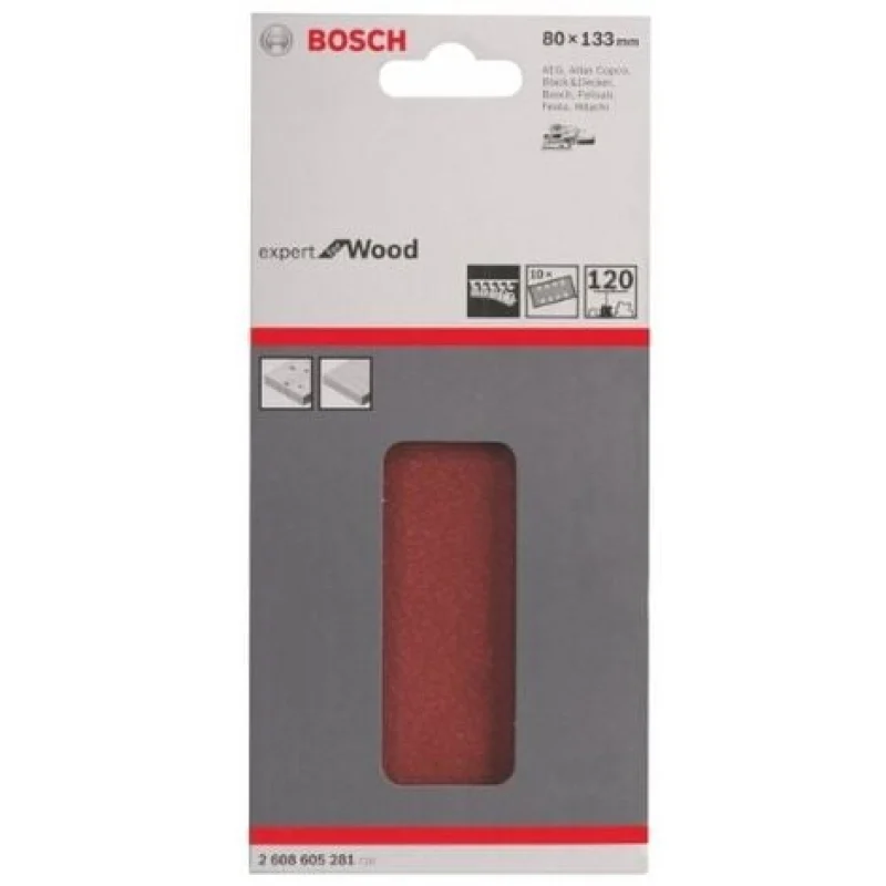 BOSCH 2608605281 FEUILLE ABRASIVE POUR PONCEUSE VIBRANTE 80 X 133 MM 8 TROUS GRAIN 120 10 PIÈCES - Bosch Outillages