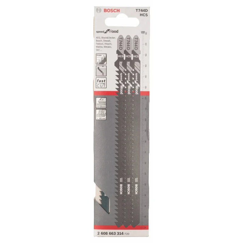 Bosch 3x Lames de scie sauteuse T 744 D Speed for Wood (pour Bois résineux, Bois de chantier, Longueur 180 mm, Professional Accessoire Scie sauteuse) - Bosch Outillages