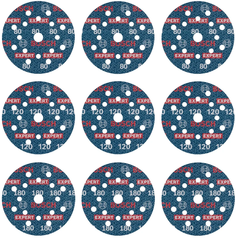 Bosch EXPERT O780 Lot de 9 disques abrasifs à film 125 mm (pour bois dur, peinture sur bois, Ø 125 mm, grain 3 x 80, 3 x 120, 3 x 180, accessoires professionnels ponceuse excentrique) - Bosch Outillages