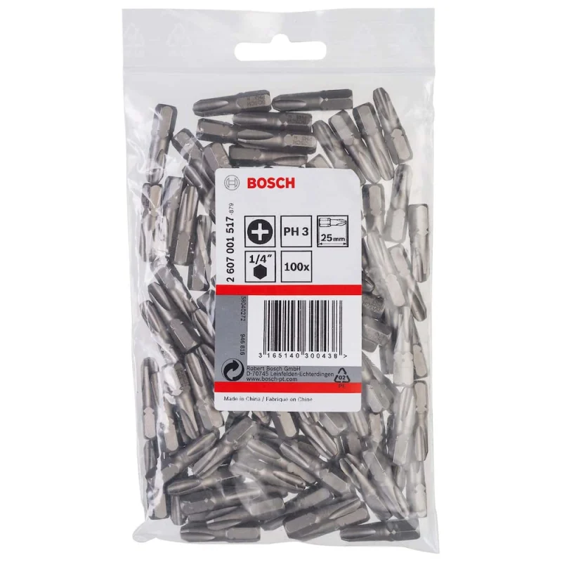 Bosch Outillages 100 Pièces Jeu de Embouts de Vissage Extra Dure pour Vis Cruciformes, PH3 Epaisseur, 25mm Longueur