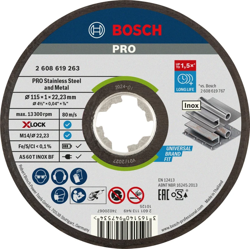 Bosch Outillages 2608619263 Disque à Tronçonner à Surface Plate Expert for Inox & Metal (pour l'inox et les Métaux, X-LOCK, Ø 115 mm, Alésage : 22,23 mm, Épaisseur : 1 mm)