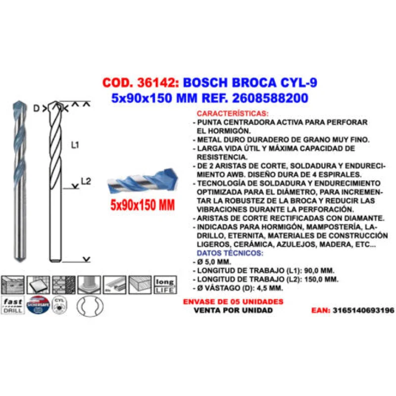 Foret cylindrique Bosch 5x90x150 mm 2 608 588 200 2608900607 - Bosch Outillages