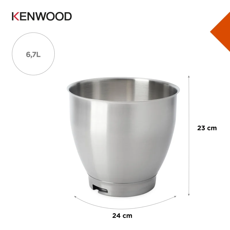Kenwood KAT400SS Bol à mélanger, Bol en acier inoxydable de 6,7 litres BOL CHEF XL SS, Accessoires pour robot ménager, Convient à tous les robots culinaires, Argent