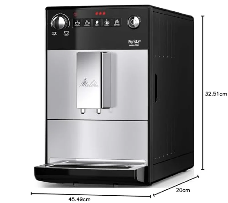 Melitta Purista Argent, Machine à Café à Grains avec Broyeur et Système d'Extraction des Arômes, Silencieuse, Mode 1 à 2 Tasses, Cafetière Expresso 1L, Automatique, F230-101