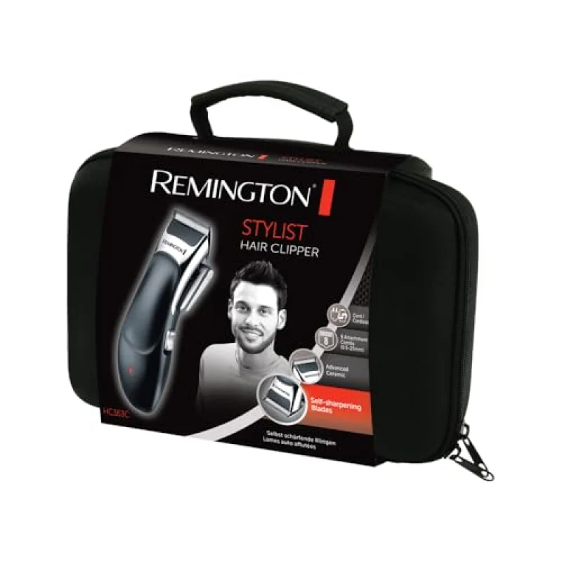 Remington Tondeuse Cheveux [Kit Coiffeur Professionnel] Stylist Noir & Argent (Lames Céramique Auto-Affûtées, Secteur/Sans fil-Batterie Lithium, 8 Sabots, Mallette pro + accessoires) Tondeuse HC363C