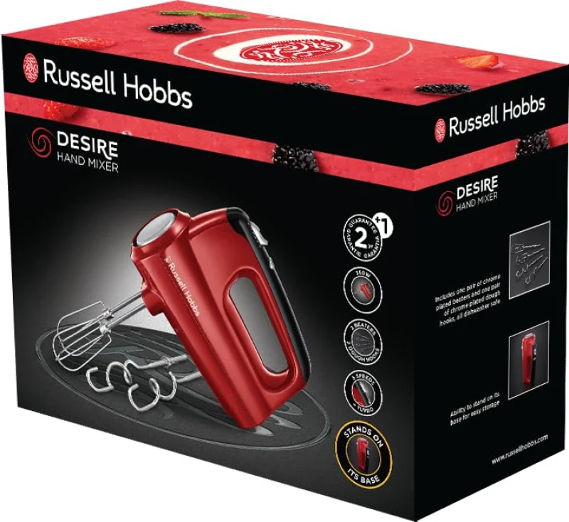 Russell Hobbs Batteur [Facile & puissant] Desire Rouge (5 vitesses+fonction turbo, 2 fouets et crochets pétrin compatibles lave-vaisselle, bouton d'éjection, position de rangement verticale) 24670-56