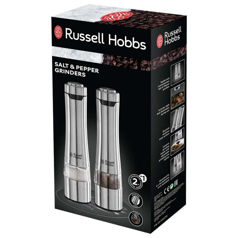 Russell Hobbs Set Moulins à Sel et Poivre électrique [2 Moulins automatiques] Acier brossé Inox (Finesse de broyage réglable, Meules en Céramique, pour épices séchées, Eclairage LED) 23460-56