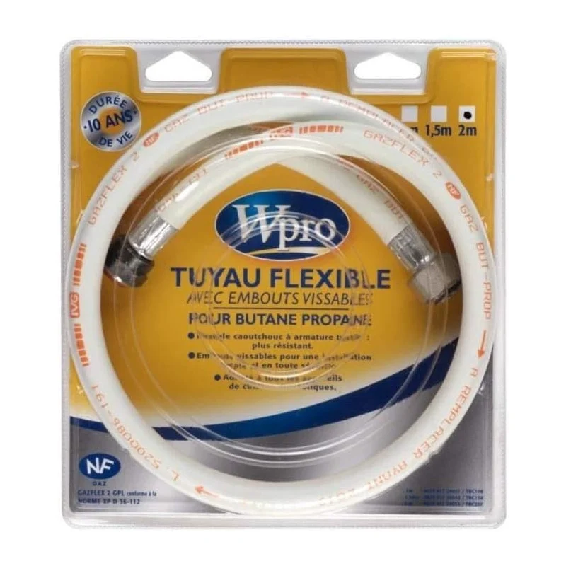 Tuyau de gaz souple en caoutchouc (2m) pour plaque de cuisson Wpro, Propane/ butane - 481981729053