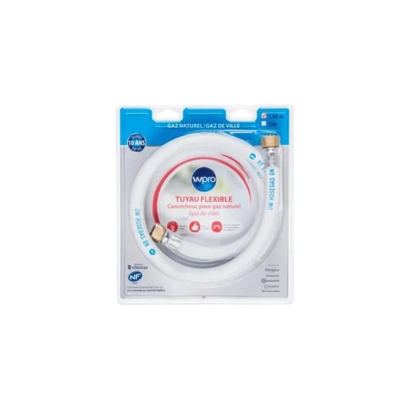 Tuyau de gaz (gaz naturel) souple en caoutchouc (1.5m) pour plaque de cuisson, Wpro - C00638586