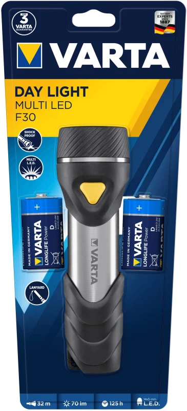 VARTA Lampe Torche avec 14 LED incl. 2x piles D, Day Light Multi LED F30, torche de poche à pendentif, lumière idéale pour la maison, la pêche, le garage, les urgences, les pannes de courant