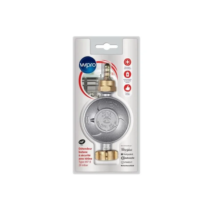 WPRO DBB028 Détendeur avec obturateur automatique intégré pour gaz butane avec tétine amovible pression 28mbar - W-PRO